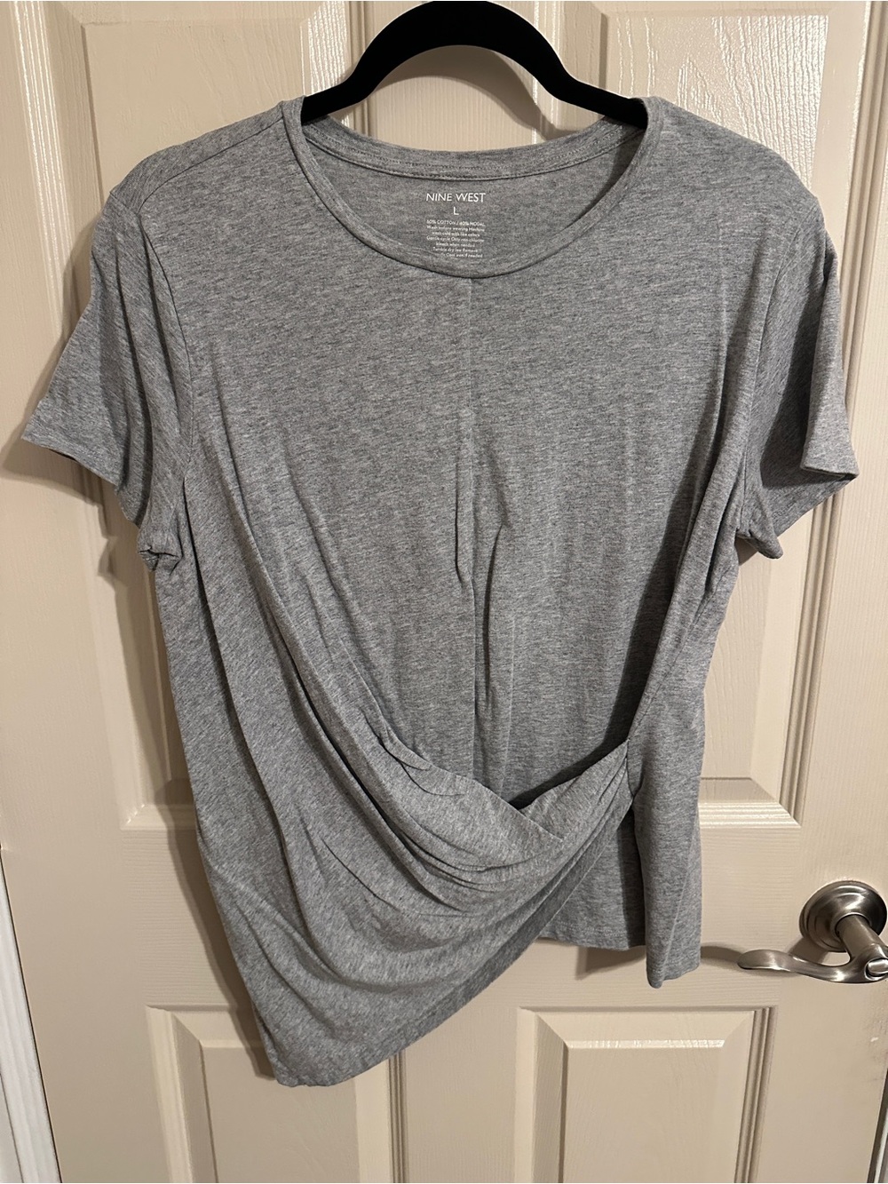 Nine West Short Sleeve Drape-Front Tee, Gray, Sz Large